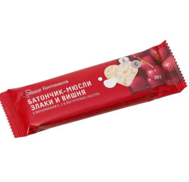 Батончик-мюсли Сердце Континента Злаки и вишня с вит. Е,С 25г