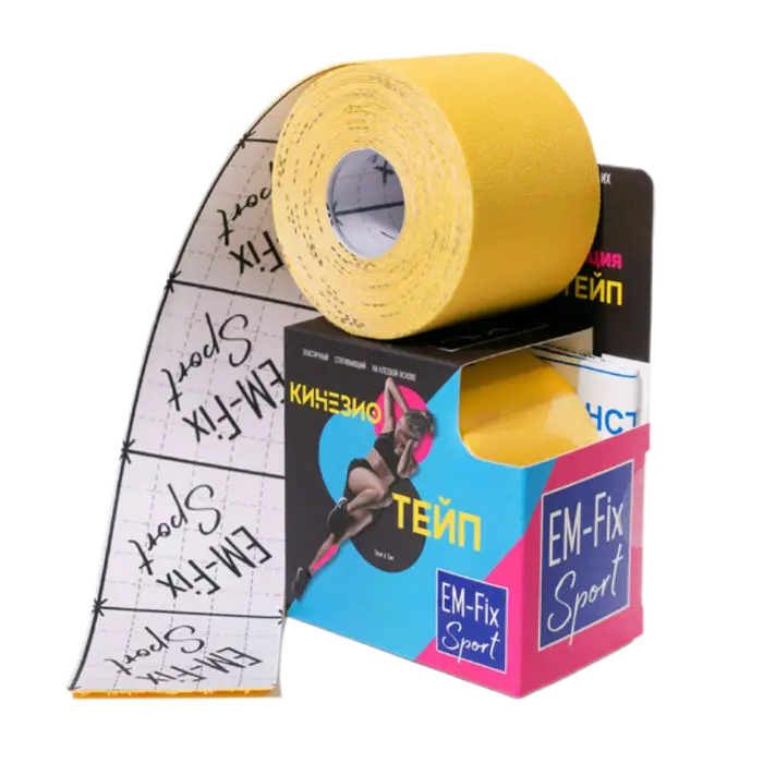 Бинт Кинезио-тейп EM-Fix Sport эласт. усиленная фиксация 5м х 5см (желтая)