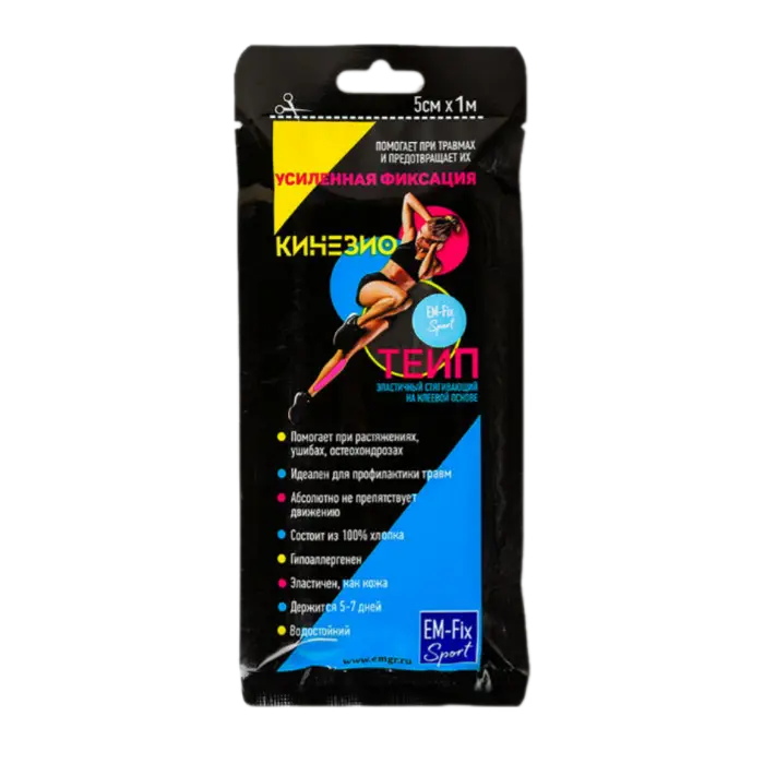 Бинт Кинезио-тейп EM-Fix Sport эласт. усиленная фиксация 1м х 5см (голубой)