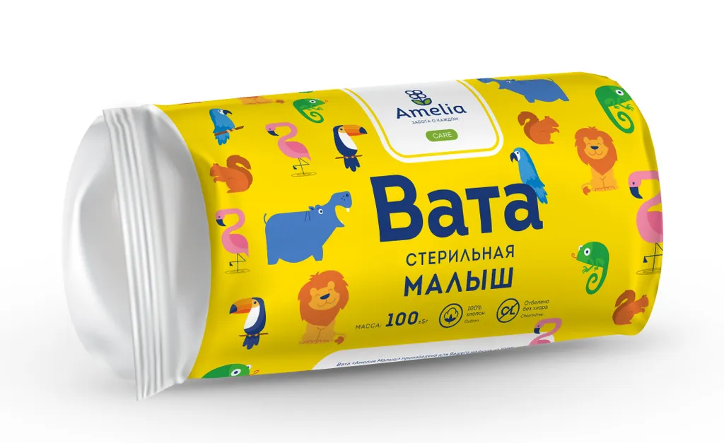 Вата АМЕЛИЯ МАЛЫШ д/дет. хлопковая стер. 100г